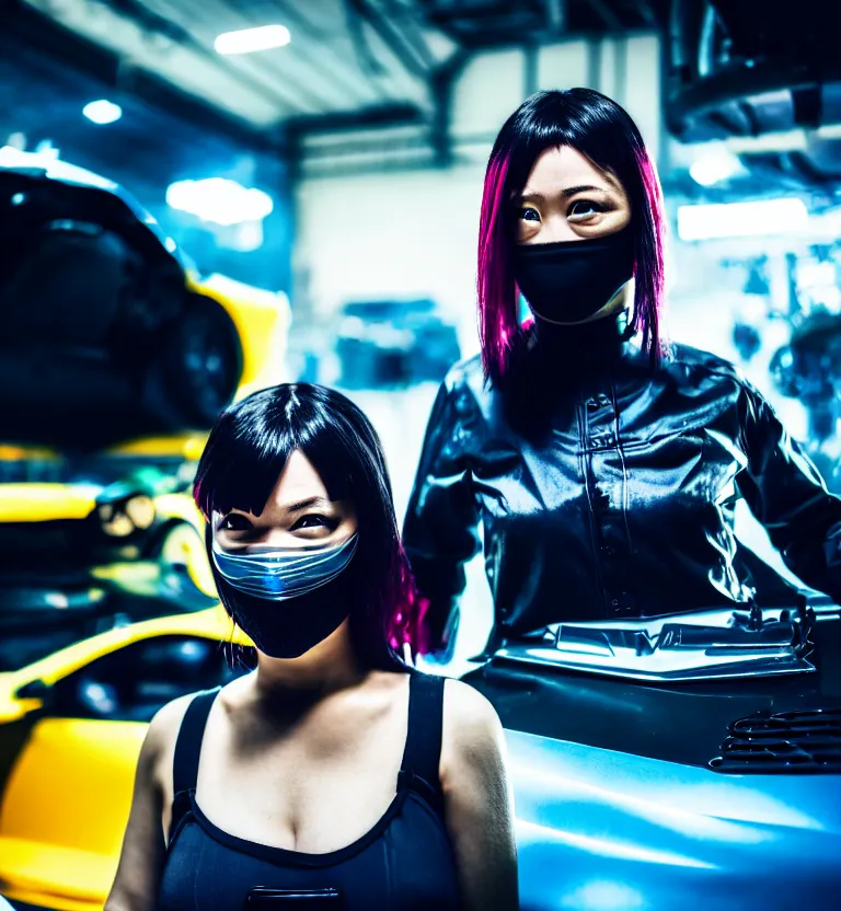 Prompt: a photo close up a female mechanic standing next to cyberpunk car,, wearing mask, cyberpunk garage, cyberpunk gunma prefecture, midnight, photorealistic, cinematic color, studio lighting, highly detailed, bokeh, style by tomino - sama