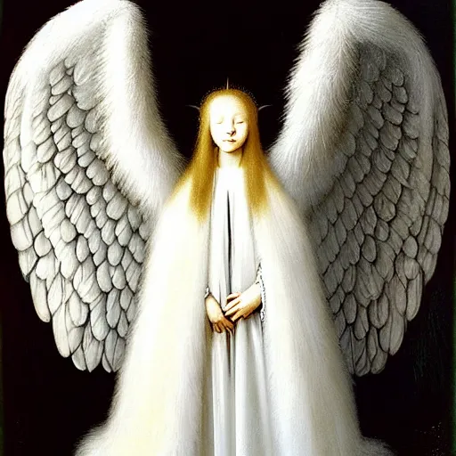 Image similar to highdetailed hyperrealistic painting of white angel!!! no gender!!!, giant ball of miracle light from the chest!!!!!, white sparkles everywhere, 4 k hd fur face!!!, big wings, by jan van eyck, holography space, glow effect, large strokes, white monochrome color!!!!!