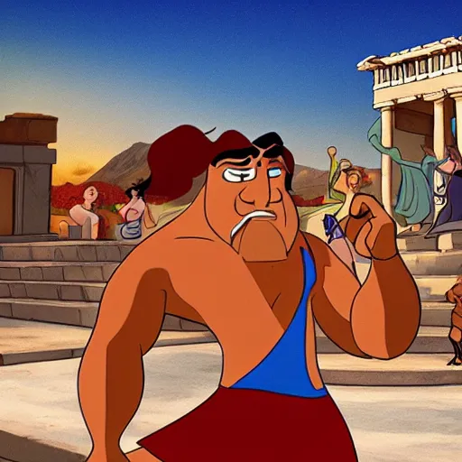 Prompt: Hercules is smoking a blunt, location is a Greek tavern, there are lots of people in the background, Pixar style