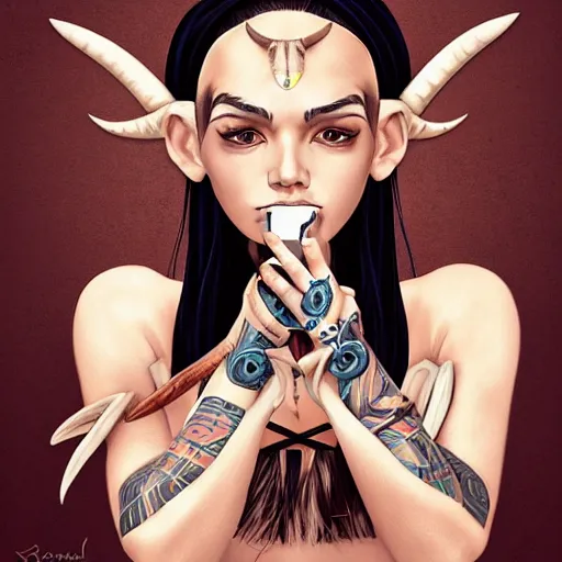 Image similar to illustrated realistic portrait of ram-horned devil woman with blue bob hairstyle and her tan colored skin and with solid black eyes wearing leather by rossdraws