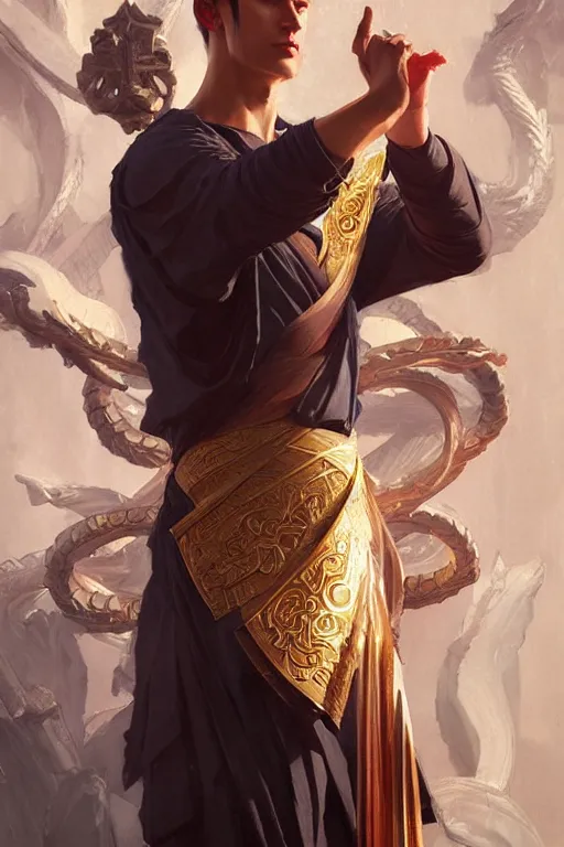 Image similar to male, temple, taoism, painting by greg rutkowski, j. c. leyendecker, artgerm