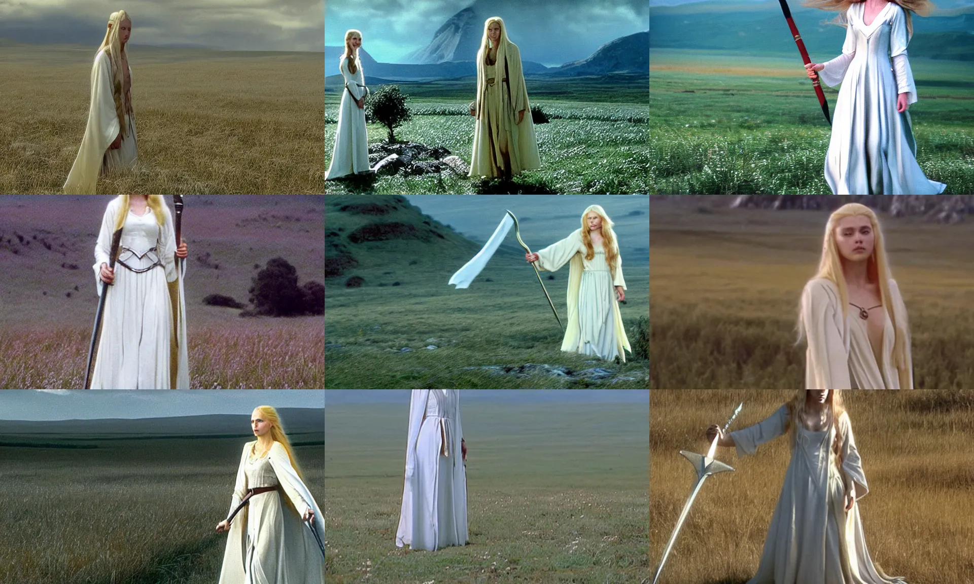 Prompt: Film still, a fair young woman, tall and slender, showing grace and pride. She has long golden hair, and is wearing a white robe girt with silver, holding a 🗡, standing in the plains of Rohan, from the movie The Lord of the Rings: The Return of the King (2003)