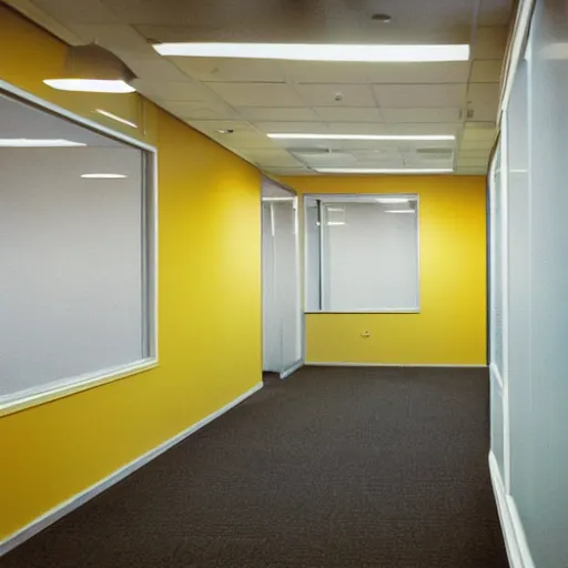 Image similar to A color film photograph of an empty endless office space, yellow walls, moist carpet, fluorescent lights, no furniture, no windows