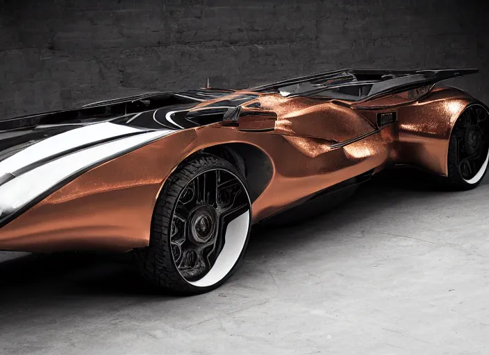 Image similar to wide view shot of a copper colored car with some black and white paint, designed by dmc and gmc, style by john berky and liam wong and michael whelan.