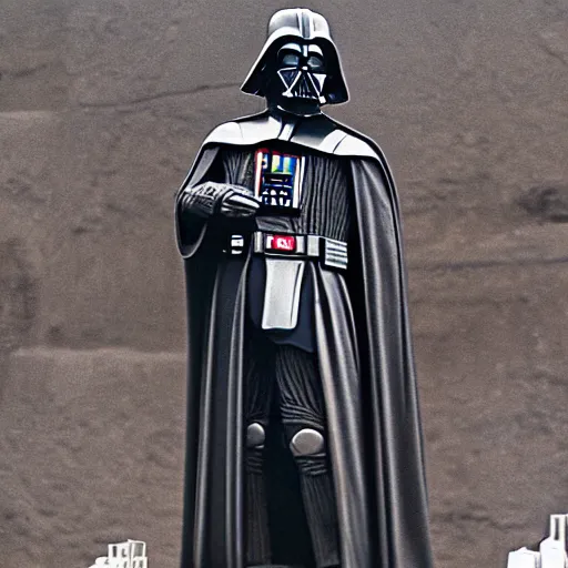 Prompt: large darth vader statue made of stone outstide sith temple cinematic film still from the 1 9 8 3 movie the lost jedi, rian johnson, anamorphic 2 4 mm lens, kodak film, moody cinematography
