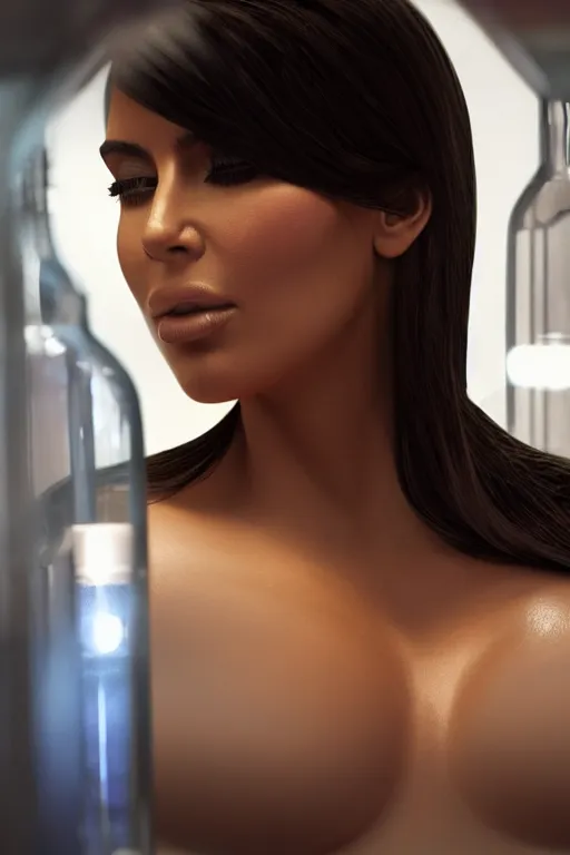 Prompt: A photo still of kim kardashian eyes closed frozen inside a glass tube in a lab, led lighting, full shot, full pov, highly detailed, artstation, concept art, sharp focus, illustration, cinematic lighting, wide-shot.