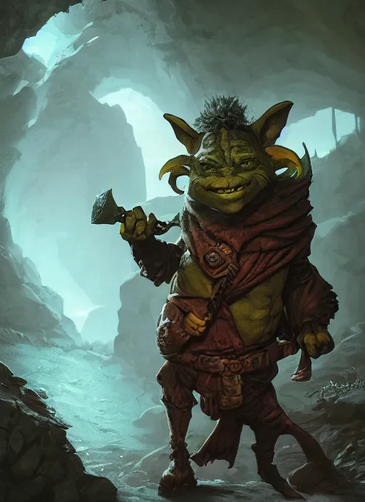 Image similar to A fantasy comic book style portrait painting of a goblin in a cavern setting, unreal 5, DAZ, hyperrealistic, octane render, RPG portrait, ambient light, dynamic lighting
