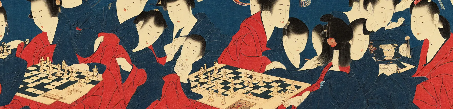 Prompt: chess tournament, ukiyo - e, mary stevenson cassatt, galactic light colors