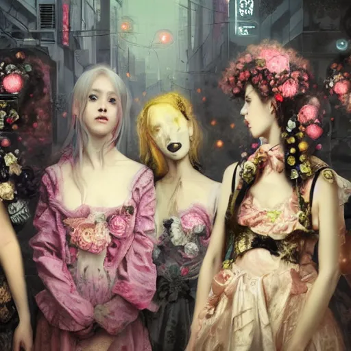 Image similar to 8k, octane render, cyberpunk painting, realism, tonalism, renaissance, rococo, baroque, group of creepy young ladies wearing long harajuku manga dress with flowers and skulls, background chaotic flowers