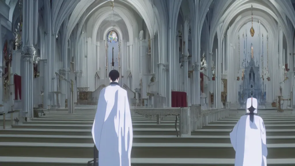 Prompt: a man wearing priest clothes and a white rabbit mask standing in a white marble church, anime film still from the an anime directed by Katsuhiro Otomo with art direction by Salvador Dalí, wide lens