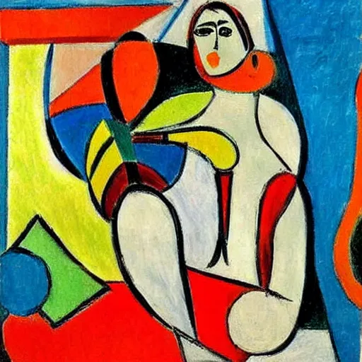 Prompt: this painting is by Matisse combined with Picasso, it is very impressionistic, in the style of cubism