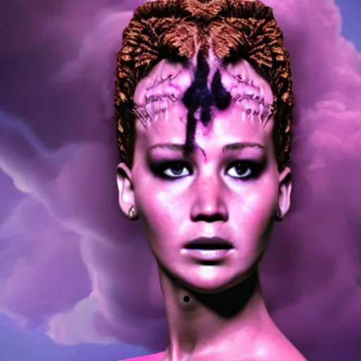 Image similar to a realistic detailed studio portrait photo of jennifer lawrence as the the bride of frankenstein, vaporwave