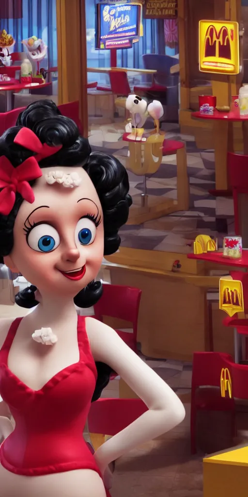 Image similar to Animatronic Betty Boop in Mc Donalds, real hair, dimly lit, photorealistic, hyper realistic 3d matte painting, unrealengine octane 3d render 4k