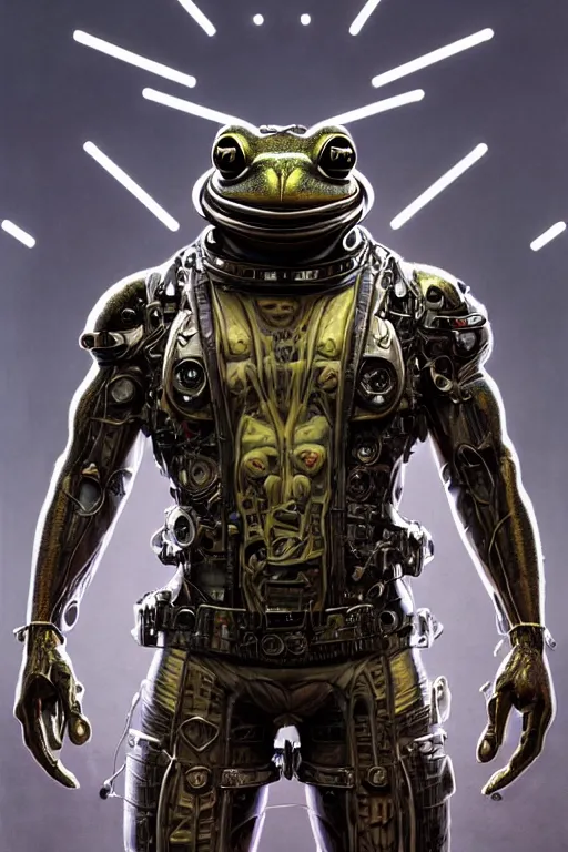 Image similar to a portrait of a muscular anthropomorphic cyberpunk frog in spacesuit armor with ensignia on chest plate by sandra chevrier, by jon foster, detailed render, post - processing, extremely hyperdetailed, intricate, epic composition, cybernetics, 4 k realistic, cryengine, realistic shaded lighting, sharp focus, masterpiece, by enki bilal