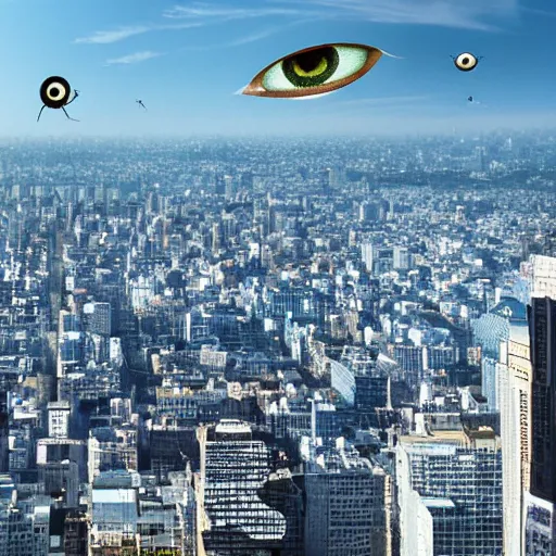 Image similar to big eye flies above the city, photorealistic