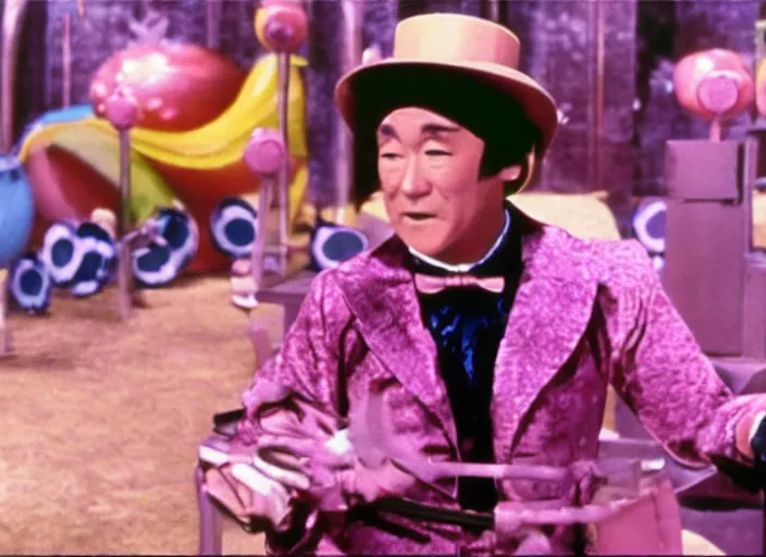 Prompt: film still of Takeshi 69 as Willy Wonka in Willy Wonka and the Chocolate Factory 1971