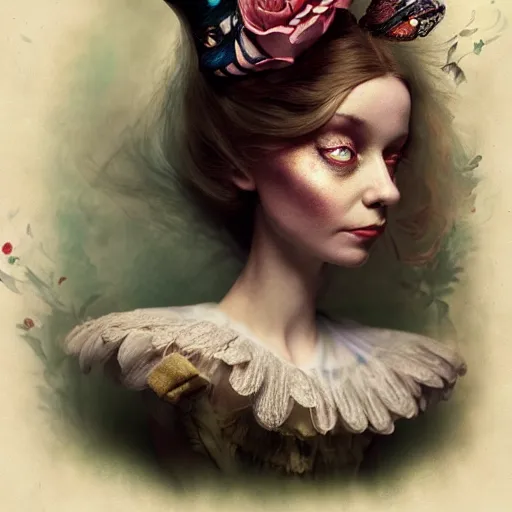 Prompt: portrait of alice in wonderland, by ray caesar and vincent callebaut and sandra chevrier, trending on artstation hq, deviantart, pinterest, 4 k uhd image