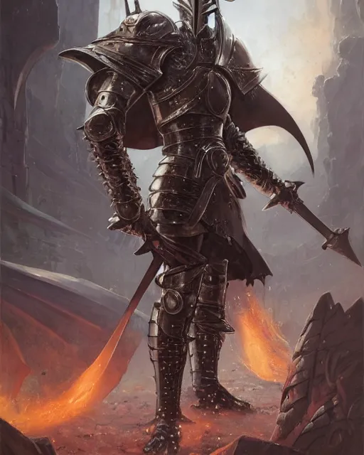 Prompt: mtg character portrait of a knight, with spiked helmet, weilding large 2 handed sword, wearing metal lamallar armor, by peter mohrbacher, wadim kashin, greg rutkowski, larry elmore, george pemba, ernie barnes, raymond swanland, magali villeneuve, trending on artstation