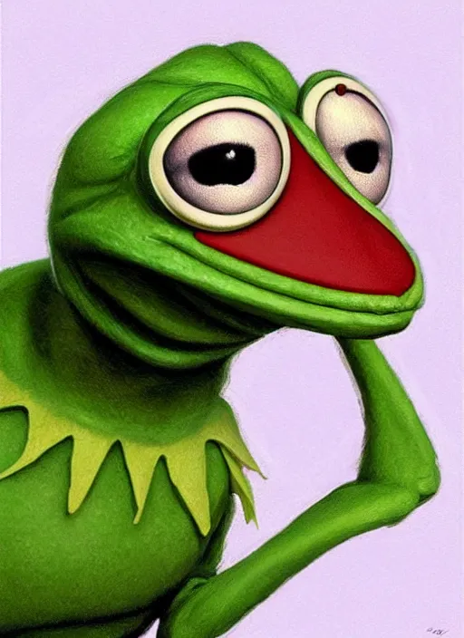 Image similar to portrait of kermit the frog in the fly ( 1 9 8 6 ), highly detailed, centered, solid color background, digital painting, artstation, concept art, smooth, sharp focus, illustration, artgerm, donato giancola, joseph christian leyendecker, les edwards, ed repka, wlop, artgerm