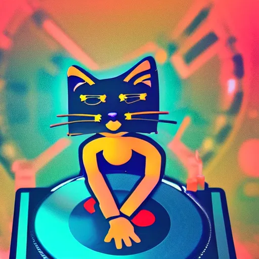 Image similar to anthropomorphic cat at a dj table spinning records, beautiful logo style, rendered in blender