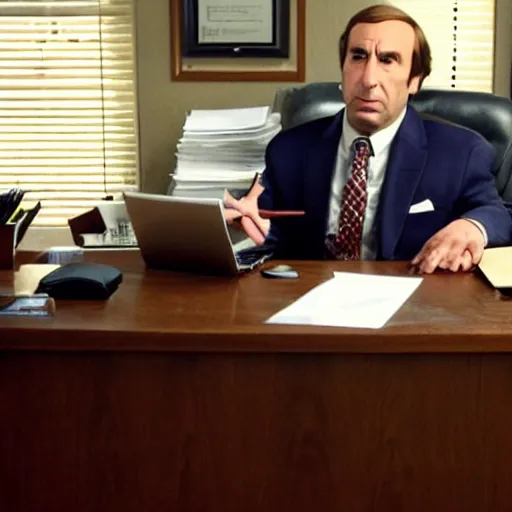 Prompt: Saul Goodman sit in the back of his office desk