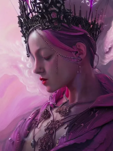 Prompt: pink portrait of beautiful female angel queen Lisa head wearing shiny pink crown, subtle purple accents, hyper details, black metal rococo, sculpted by Alex Alice, Craig Mullins, yoji shinkawa, trending on artstation, beautifully lit, Peter mohrbacher, hyper detailed, insane details, intricate, elite, elegant, luxury, ray of light through smoke, CGsociety, hypermaximalist, blackpink, golden ratio, volumetric, octane render, weta digital, micro details, 3d sculpture