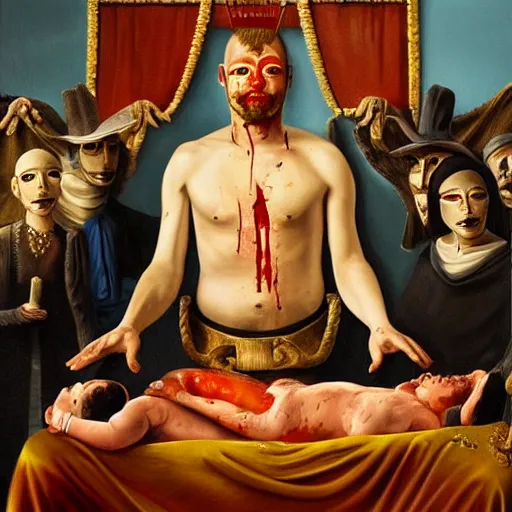 Image similar to hyper realistic painting of a handsome man symmetrical, sitting in a gilded throne, tubes coming out of the man's arm with blood, getting a blood transfusion from a baby, bloody ivs, plague doctor in the background created by wes andersson