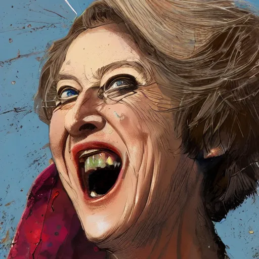 Prompt: highly detailed close up portrait of a laughing Theresa May ((Theresa May)) by Dustin Nguyen, Akihiko Yoshida, Greg Tocchini, Greg Rutkowski, Cliff Chiang, 4k resolution, vibrant but dreary color scheme!!! ((field of wheat background))