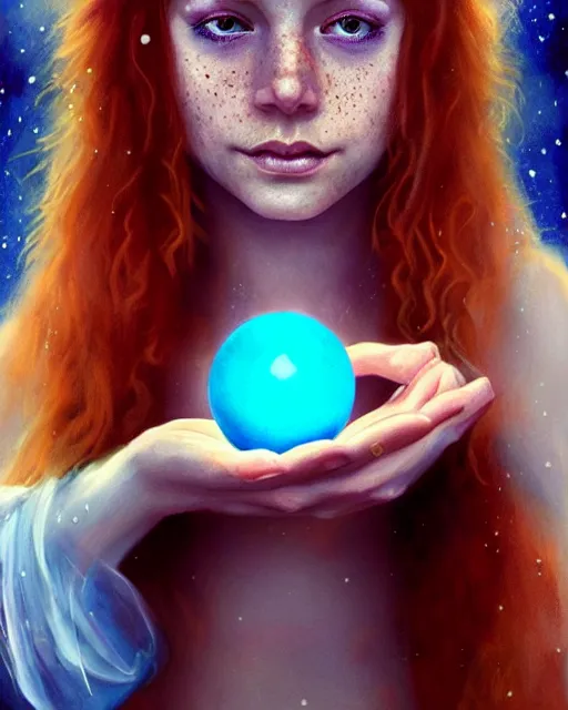 Prompt: female fortune teller holding crystal ball, perfect face, magic, halter top, ginger hair, abs, cinematic, freckles, stunning, adorable, cute, athletic, strong, agile, highly detailed, psychedelic, digital painting, artstation, smooth, hard focus, illustration, art by jessica rossier and and brian froud