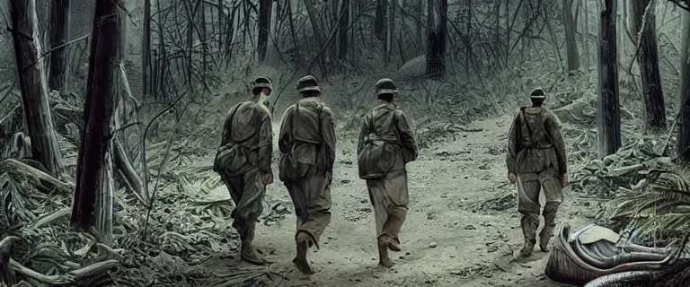 Prompt: wwii american soldiers walking into a deserted camp full of rotting meat carcass in the middle of an eerie, dark jungle, highly detailed, creepy cinematic light deep focus, horror, smooth, sharp focus, golden ratio, dramatic illumination, ultra realistic, 4 k, detailed line art by katsuhiro otomo and enki bilal