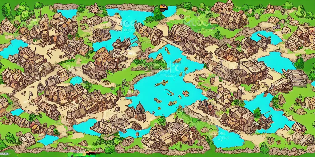 Prompt: a high detailed fantasy bandit camp vector art an aerial view of a cartoonish rpg village by dungeondraft, dofus, patreon content, hd, straight lines, vector, grid, dnd map, map patreon, fantasy maps, foundry vtt, fantasy grounds, aerial view, dungeondraft, tabletop, inkarnate, dugeondraft, roll 2 0