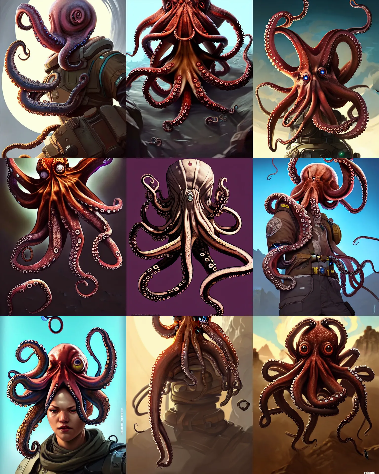 Prompt: octopus as an apex legends character digital illustration portrait design by, mark brooks and brad kunkle detailed, gorgeous lighting, wide angle action dynamic portrait