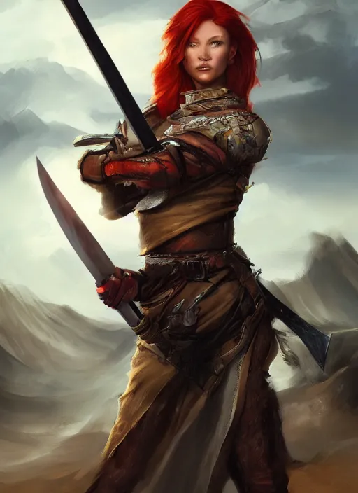 Image similar to Redhead female fighter with katana in desert, fantasy, medieval, vivid colors, fantasy, elegant, concept art, sharp focus, beautiful face, digital art, Hyper-realistic, 4K, Unreal Engine, Highly Detailed, HD, Dramatic Lighting by Brom, trending on Artstation