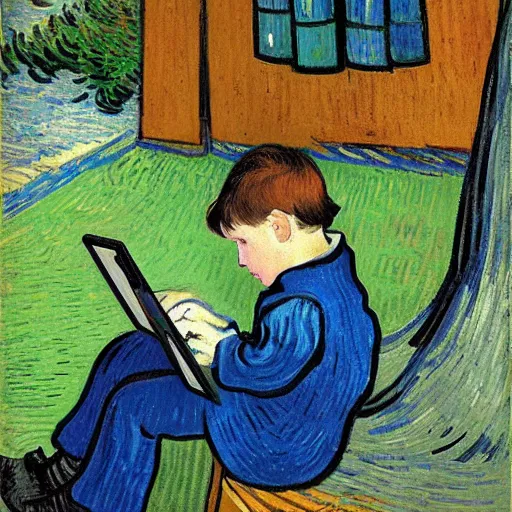 Prompt: little boy with nintendo ds on a seat in a oark by van gogh