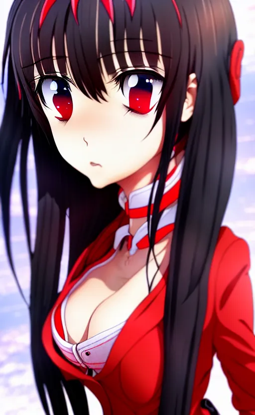 Image similar to anime girl with a detailed face and black hair in a red outfit, full body, trending, high quality, award winning, 4 k, 8 k, artstation,