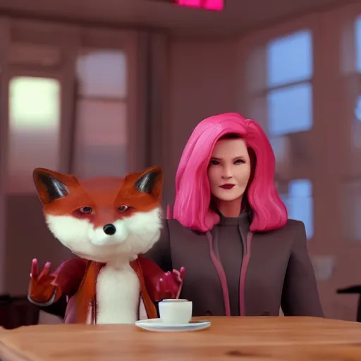 Image similar to captain janeway sharing coffee with a robotic fox with pink hair, inside a french cafe, 3 d render, hdr 8 k octane engine, unreal engine 5