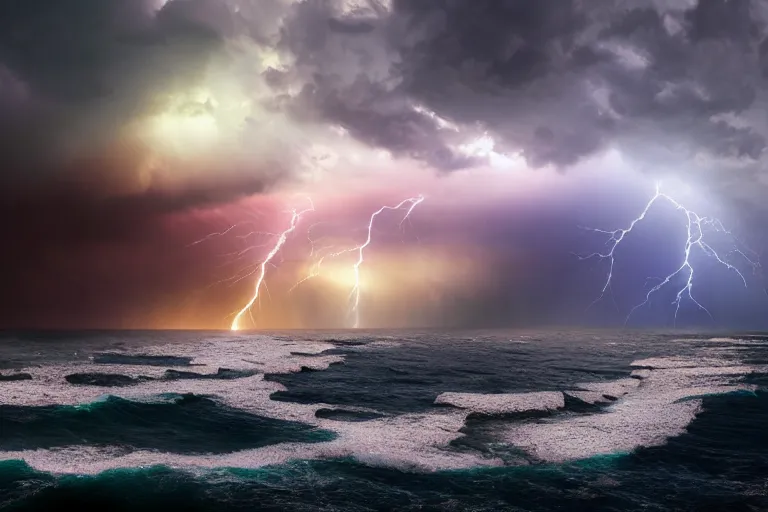 Prompt: colorful stormy sky, stormy ocean, forces of natures, clouds, sun rays, volumetric lightning, beautiful, deep colors, bright, amazing, gorgeous, wonderful, Hyper detailed digital matte painting, cinematic lighting, beatifully lit, concept art, hyperrealism, Cinema 4D, 8k resolution, 64 megapixels, coherent, CGSociety, ZBrush Central, behance HD, hypermaximalist, a masterpiece, 4K, trending on artstation