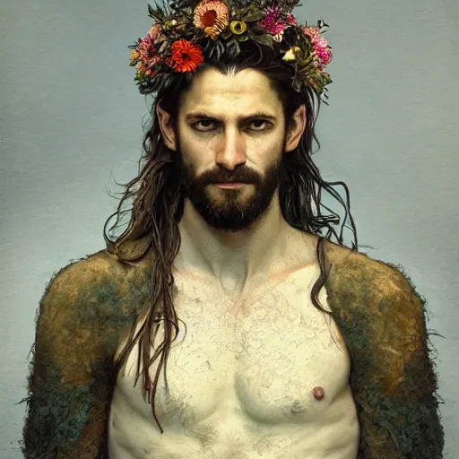 Image similar to portrait of the god of the meadow, 30 years old, meadow, flower crown, rugged, male, gorgeous, detailed face, amazing, hairy torso, muscular, intricate, highly detailed, digital painting, artstation, concept art, sharp focus, illustration, art by greg rutkowski and alphonse mucha