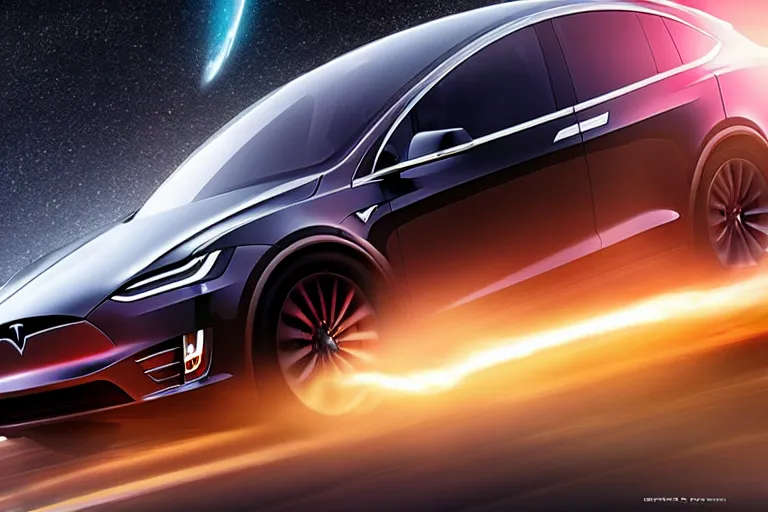 Image similar to A professional photo of a Tesla Model X car in orbit around a black hole; high-quality, dramatic lighting; extremely high detail; trending on artstation