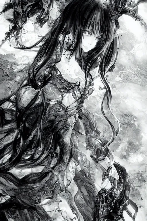 Image similar to a vertical portrait of a character in a scenic environment by Yoshitaka Amano, black and white, dreamy, cybernetic suit, wavy long black hair, highly detailed