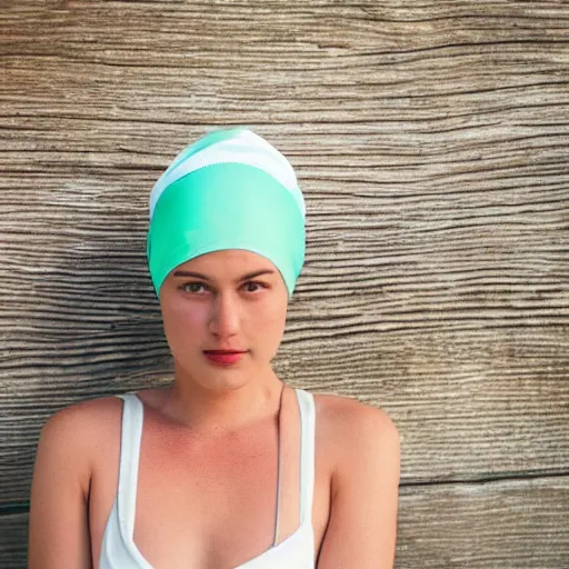Image similar to a film photography of a woman slender, wearing a mint green one-piece swimsuit, wearing a white shower cap, sitting on a wood dock, low angle 50mm close shot, Kodak Portra film 800, Leica M6 film camera, light film grain, depth of field