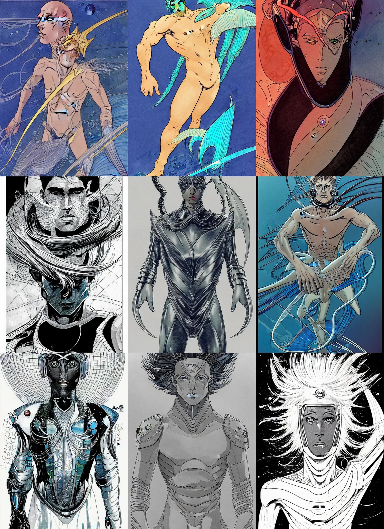 Prompt: futuristic merman warrior! sci - fi! moebius, milo manara, hugo pratt, french comic art, semi - realistic anime, portrait, beautiful face, symmetrical face, trending on pixiv, detailed, clean lines, sharp lines, crisp lines, award winning illustration, masterpiece, 4 k