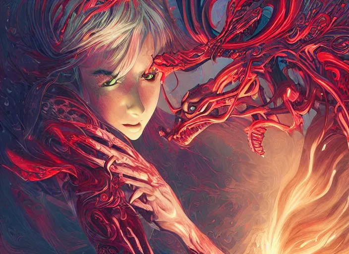 Image similar to woman loves demon, sit upon a scarlet coloured beast, pain, light effect, hyper detailed, intricate, elegant, highly detailed, digital painting, artstation, concept art, matte, sharp focus, illustration, by dan mumford, yusuke murata, makoto shinkai, ross tran