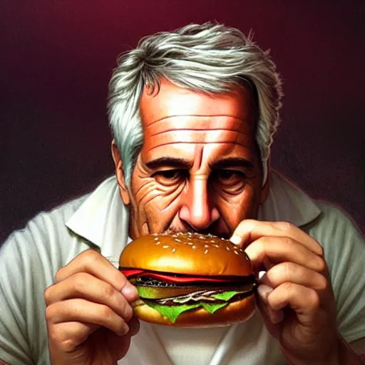 Image similar to portrait of jeffrey epstein eating giant hamburgers, ethereal, handsome, d & d, fantasy, intricate, elegant, highly detailed, digital painting, artstation, concept art, matte, sharp focus, illustration, art by artgerm and greg rutkowski and alphonse mucha