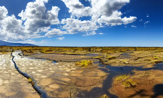 Image similar to panorama of big raindrops flying upwards into the perfect cloudless blue sky from a dried up river in a desolate land, dead trees, blue sky, hot and sunny highly-detailed, elegant, dramatic lighting, artstation, 4k, cinematic landscape, photograph by National Geographic