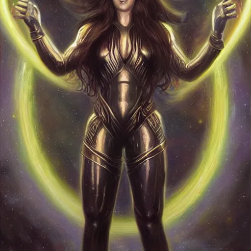 Prompt: pleiadian woman with big eyes and long silver hair wearing a dark body suit and wielding a plasma gun as a realistic sci fi d & d character, portrait art by donato giancola and greg rutkowski, digital art, trending on artstation