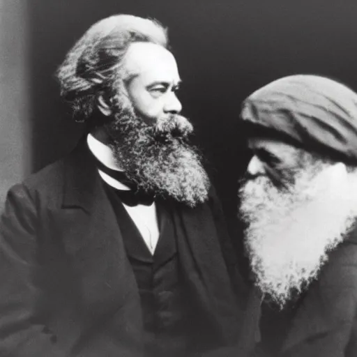 Prompt: Karl Marx and Ayn Rand conspiring, photo, 1920, military base backround