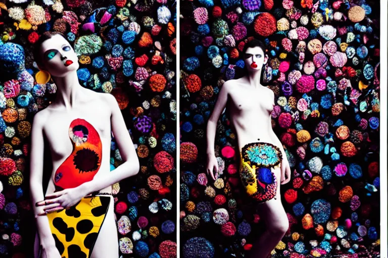 Image similar to fashion editorial photography in a world inspired by damien hirst