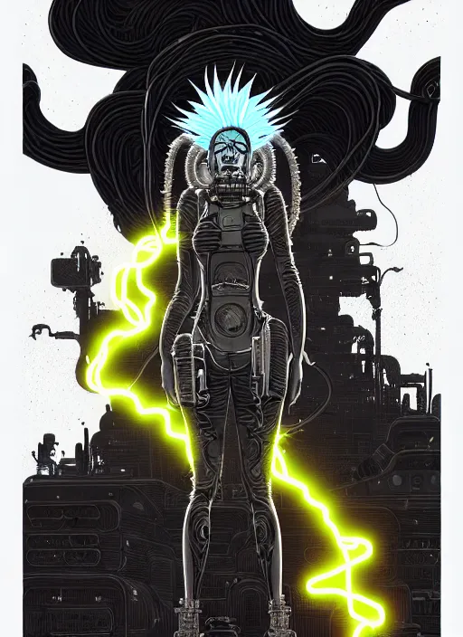 Image similar to highly detailed portrait of wasteland punk long curly neon white plasma electricity hair tribal lady, stray electric spark wiring by atey ghailan, james gilleard, by joe fenton, by greg rutkowski, by greg tocchini, by kaethe butcher, 4 k resolution, gradient yellow, black and white color scheme!!! ( ( lightning cloudy robotic dystopian city background ) )