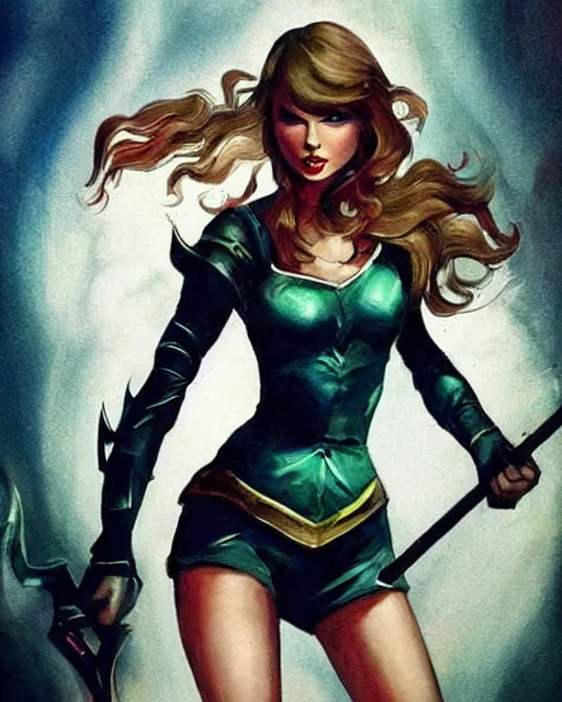 Image similar to taylor swift as a super hero similar to seraphine from league of legends with a microphone in her hand as her weapon drawn in frank frazetta style, high quality, very well proportioned silhouette, contemporary art, taylor swift face